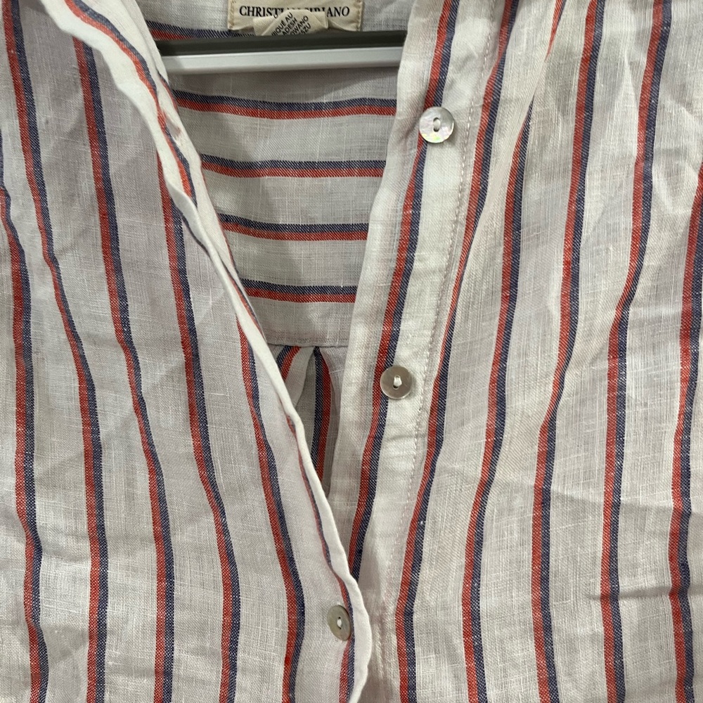 Christian Siriano 100% Linen Button Up Striped Collared Polo Tee - Picture 2 of 6
